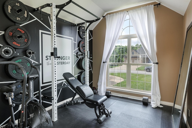 1415 Woodland Rd, Marshfield, MO 65706 - exercise room featuring vaulted ceiling and baseboards