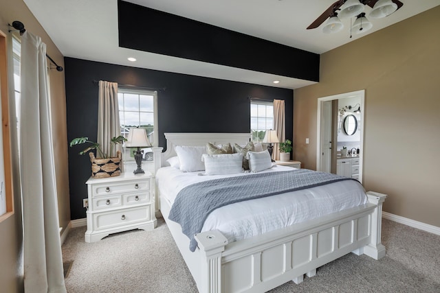 1415 Woodland Rd, Marshfield, MO 65706 - bedroom with carpet flooring, baseboards, a ceiling fan, and ensuite bathroom