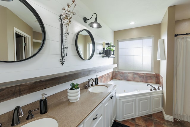 1415 Woodland Rd, Marshfield, MO 65706 - bathroom featuring a whirlpool tub, double vanity, and a shower with shower curtain
