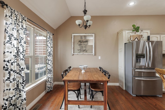 1415 Woodland Rd, Marshfield, MO 65706 - dining area featuring dark wood-style floors, baseboards, lofted ceiling, recessed lighting, and a chandelier