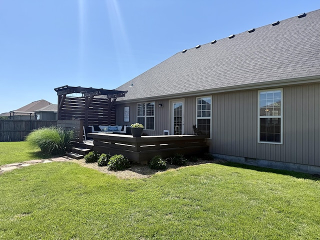 1415 Woodland Rd, Marshfield, MO 65706 - rear view of property featuring a wooden deck, a pergola, and a shingled roof