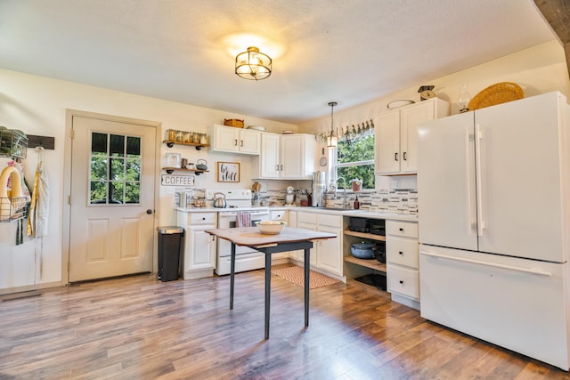 1899 State Highway Dd, Ava, MO 65608 - kitchen with white appliances, open shelves, white cabinetry, and a textured ceiling