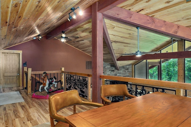 8403 Lawrence Unit 1040, La Russell, MO 64848 - dining room with ceiling fan, wood finished floors, and wooden ceiling