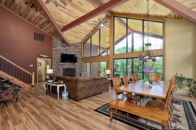 8403 Lawrence Unit 1040, La Russell, MO 64848 - dining room featuring high vaulted ceiling, wood ceiling with exposed beams, light wood finished floors, a fireplace, and ceiling fan