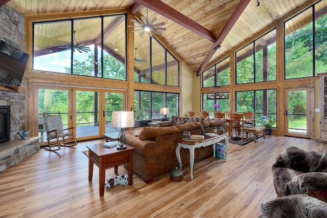 8403 Lawrence Unit 1040, La Russell, MO 64848 - living room with high vaulted ceiling, ceiling fan, light wood finished floors, a fireplace, and wooden ceiling with exposed beams