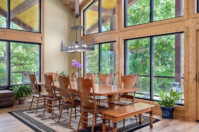 8403 Lawrence Unit 1040, La Russell, MO 64848 - dining room with high vaulted ceiling, wooden ceiling with exposed beams, plenty of natural light, and wood finished floors