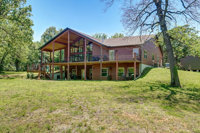 8403 Lawrence Unit 1040, La Russell, MO 64848 - back of house featuring a deck, a yard, stairway, a shingled roof, and cooling unit