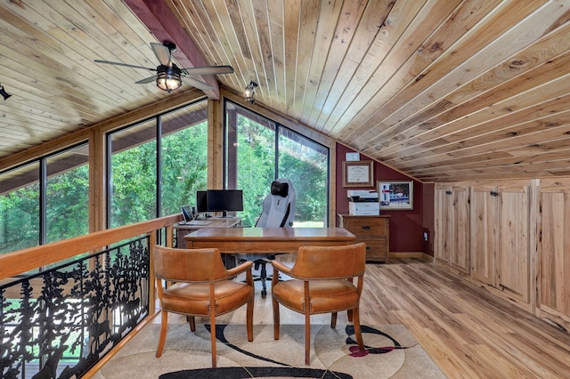 8403 Lawrence Unit 1040, La Russell, MO 64848 - office area featuring wood ceiling, light wood-type flooring, vaulted ceiling, and a ceiling fan
