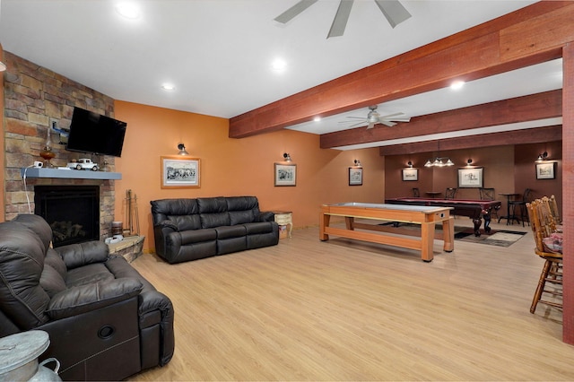 8403 Lawrence Unit 1040, La Russell, MO 64848 - living room featuring a ceiling fan, light wood-type flooring, beam ceiling, billiards table, and recessed lighting