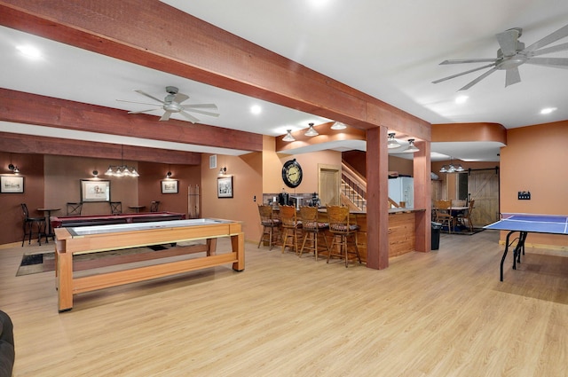 8403 Lawrence Unit 1040, La Russell, MO 64848 - game room with wood finished floors, a dry bar, beam ceiling, a ceiling fan, and billiards