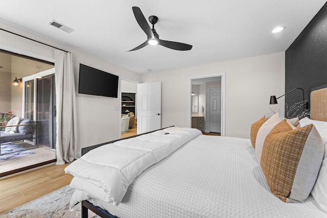 280 Wimbledon Dr Unit 8, Branson, MO 65616 - bedroom featuring access to exterior, wood finished floors, a ceiling fan, and ensuite bath