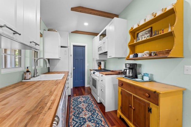 27841 Old Pace Ln, Shell Knob, MO 65747 - kitchen with wooden counters, a sink, white appliances, open shelves, and dark wood-style floors