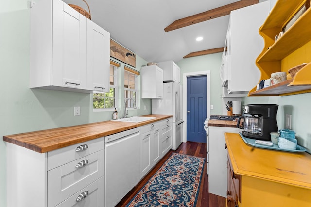 27841 Old Pace Ln, Shell Knob, MO 65747 - kitchen with dishwasher, open shelves, high end refrigerator, a sink, and dark wood-type flooring
