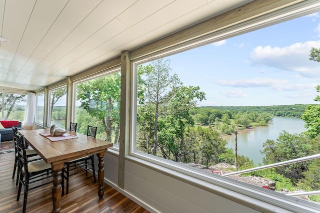 27841 Old Pace Ln, Shell Knob, MO 65747 - sunroom with a water view, wood finished floors, healthy amount of natural light, and a wooded view