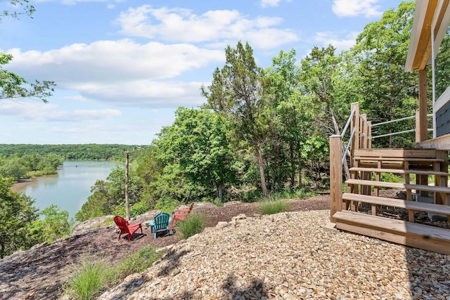 27841 Old Pace Ln, Shell Knob, MO 65747 - view of yard with a water view, stairs, and a forest view