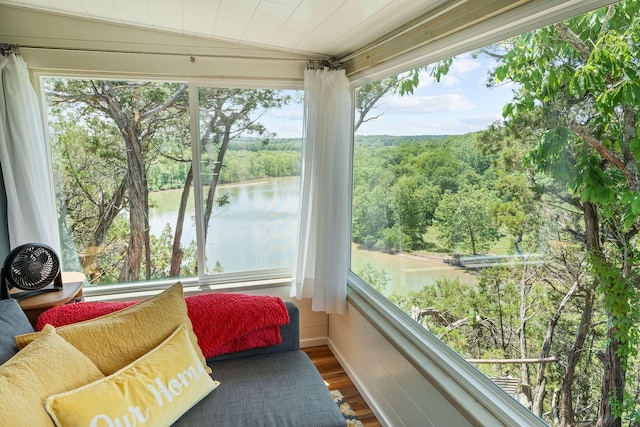 27841 Old Pace Ln, Shell Knob, MO 65747 - sunroom with a water view, wood finished floors, lofted ceiling, and a forest view
