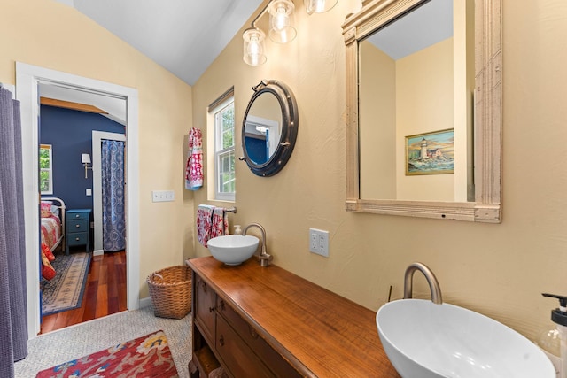 27841 Old Pace Ln, Shell Knob, MO 65747 - bathroom featuring a sink, lofted ceiling, and plenty of natural light