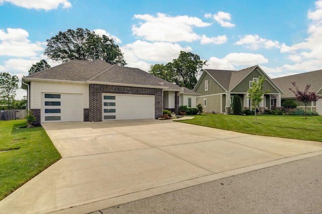 735 N Fox Hill Cir, Nixa, MO 65714 - view of front of property with an attached garage, brick siding, driveway, board and batten siding, and a front yard