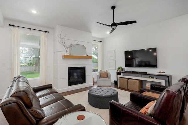 735 N Fox Hill Cir, Nixa, MO 65714 - living room featuring wood finished floors, ceiling fan, healthy amount of natural light, a glass covered fireplace, and recessed lighting