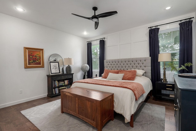735 N Fox Hill Cir, Nixa, MO 65714 - bedroom with wood finished floors, baseboards, recessed lighting, and a ceiling fan