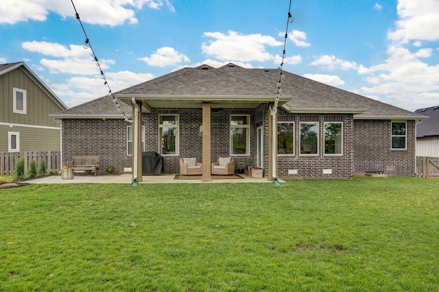 735 N Fox Hill Cir, Nixa, MO 65714 - rear view of property with brick siding, an outdoor living space, a patio area, and roof with shingles