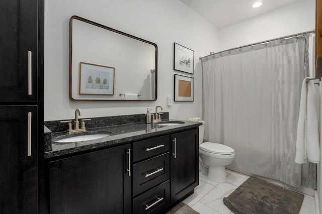735 N Fox Hill Cir, Nixa, MO 65714 - full bath featuring marble finish flooring, double vanity, toilet, and a shower with curtain
