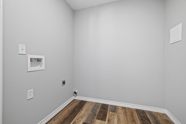 1079 Wiseman Rd, Marshfield, MO 65706 - laundry area featuring electric dryer hookup, dark wood-type flooring, baseboards, and washer hookup