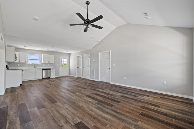 1079 Wiseman Rd, Marshfield, MO 65706 - unfurnished living room with a sink, dark wood-type flooring, a ceiling fan, baseboards, and high vaulted ceiling