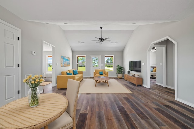 1079 Wiseman Rd, Marshfield, MO 65706 - dining area with a ceiling fan, dark wood finished floors, and baseboards