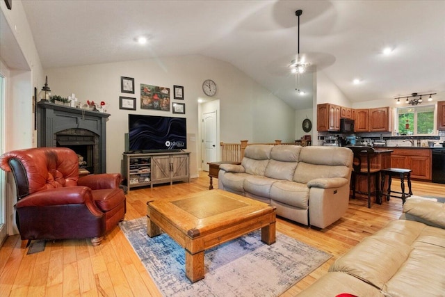 657 Plentywood Ln, Gainesville, MO 65655 - living area with lofted ceiling, light wood finished floors, a ceiling fan, and a fireplace