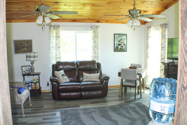 821 NW B Hwy, Osceola, MO 64776 - living area with ceiling fan, wooden ceiling, and wood finished floors