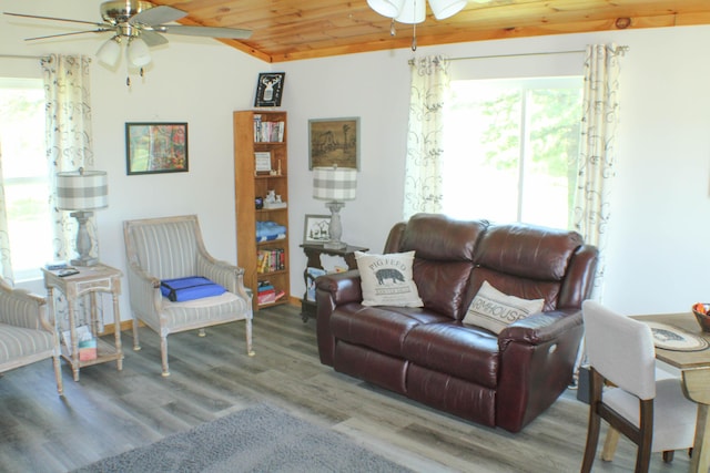 821 NW B Hwy, Osceola, MO 64776 - living room featuring a ceiling fan, wood finished floors, and wooden ceiling
