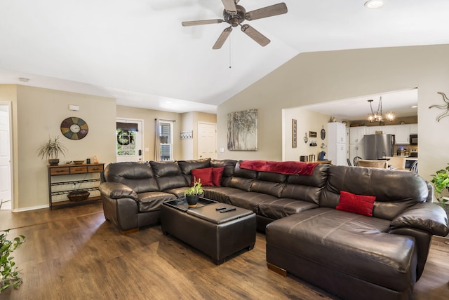 485 Eagle Dr, Forsyth, MO 65653 - living area with lofted ceiling, ceiling fan, dark wood finished floors, and recessed lighting