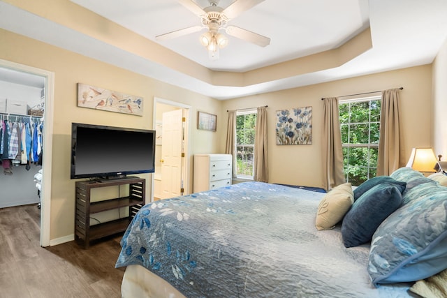 485 Eagle Dr, Forsyth, MO 65653 - bedroom featuring a walk in closet, wood finished floors, a raised ceiling, a closet, and a ceiling fan