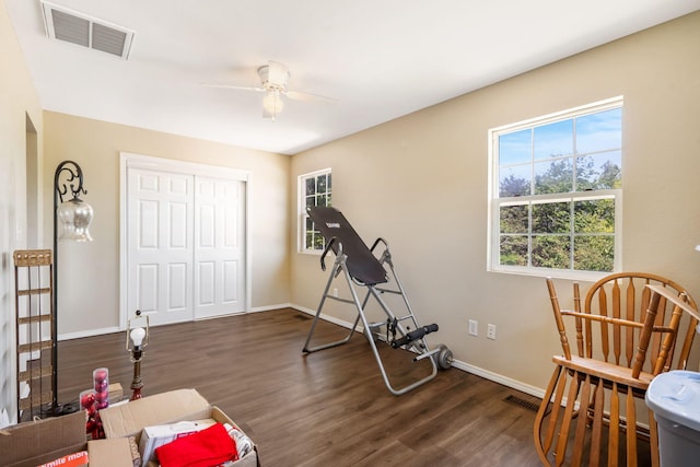 485 Eagle Dr, Forsyth, MO 65653 - exercise area with plenty of natural light, dark wood-style floors, a ceiling fan, and baseboards