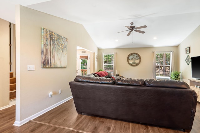 485 Eagle Dr, Forsyth, MO 65653 - living room with ceiling fan, wood finished floors, vaulted ceiling, and baseboards