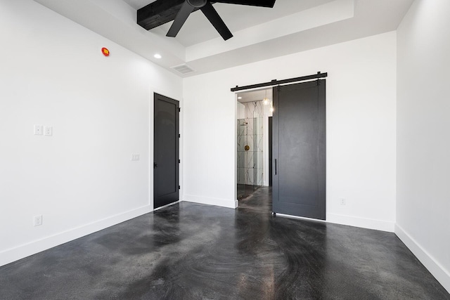 13213 State Highway M, Billings, MO 65610 - unfurnished bedroom featuring a barn door, finished concrete flooring, recessed lighting, a raised ceiling, and a ceiling fan