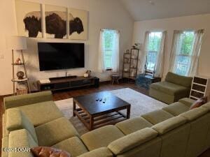 411 N Main St, Diamond, MO 64840 - living room with healthy amount of natural light, vaulted ceiling, and wood finished floors