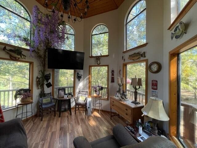 2382 Minnow Dr, Omaha, AR 72662 - living room featuring plenty of natural light, a towering ceiling, wood finished floors, and ceiling fan