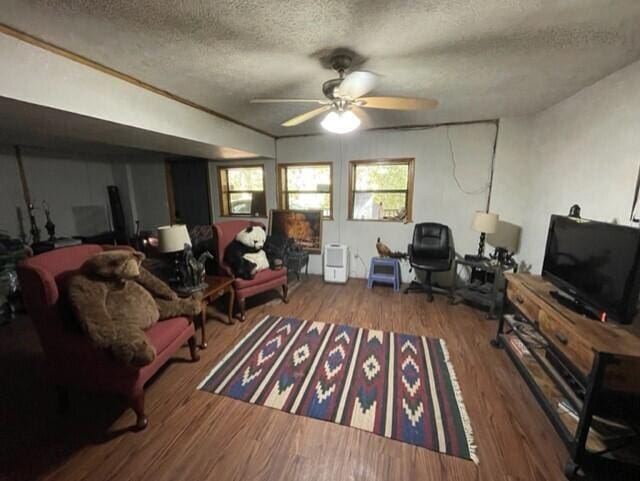 2382 Minnow Dr, Omaha, AR 72662 - living area with a textured ceiling, ceiling fan, and wood finished floors