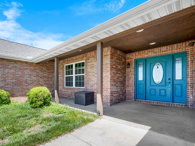 8863 Serene Acres Ln, Rogersville, MO 65742 - view of exterior entry featuring brick siding and a shingled roof