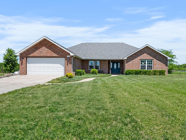8863 Serene Acres Ln, Rogersville, MO 65742 - view of front of property featuring an attached garage, brick siding, concrete driveway, a front yard, and roof with shingles