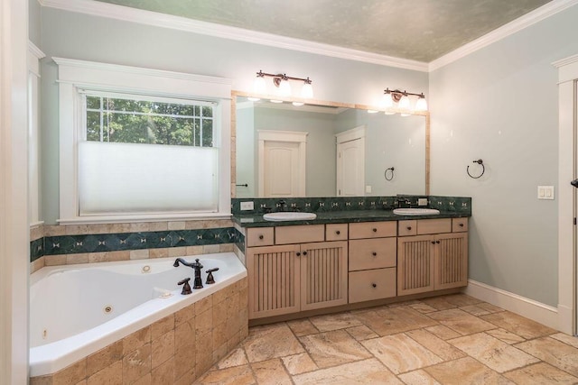 903 Silver Bluff Cir, Branson West, MO 65737 - full bath featuring double vanity, a whirlpool tub, crown molding, stone tile flooring, and baseboards