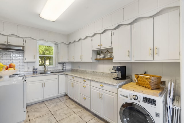 305 Cliff Dr, Branson, MO 65616 - kitchen with washer / dryer, a sink, white cabinets, open shelves, and light tile patterned floors