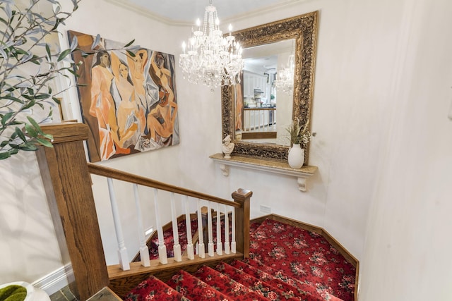 5575 S Castlebay Dr, Springfield, MO 65809 - staircase featuring a chandelier, baseboards, carpet flooring, and ornamental molding