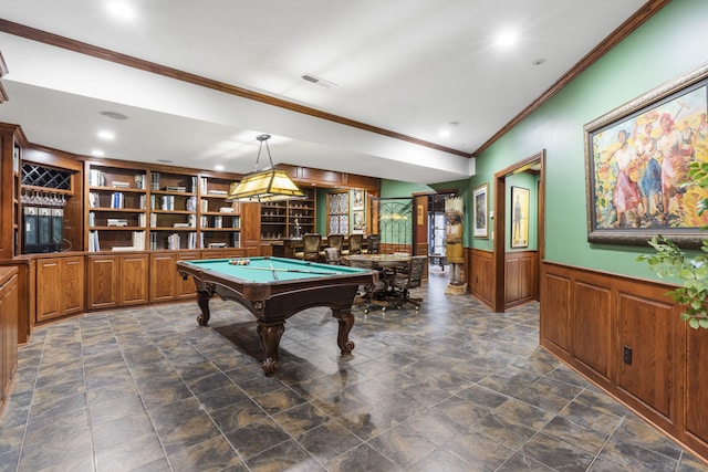 5575 S Castlebay Dr, Springfield, MO 65809 - rec room with crown molding, wainscoting, billiards table, recessed lighting, and dark stone finish floors