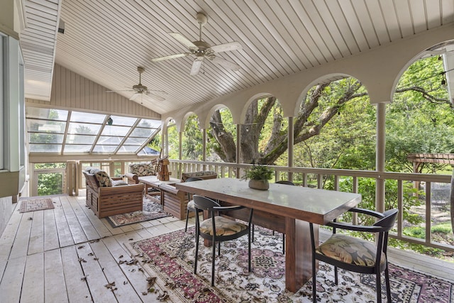 5575 S Castlebay Dr, Springfield, MO 65809 - wooden deck featuring a ceiling fan, outdoor dining area, and outdoor lounge area
