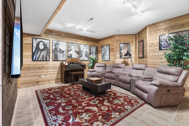 5575 S Castlebay Dr, Springfield, MO 65809 - living room featuring track lighting, wooden walls, and tile patterned floors