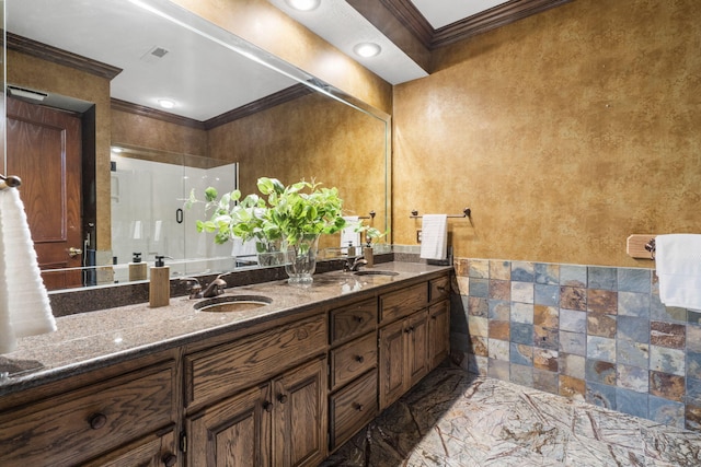 5575 S Castlebay Dr, Springfield, MO 65809 - bathroom with ornamental molding, double vanity, and a stall shower