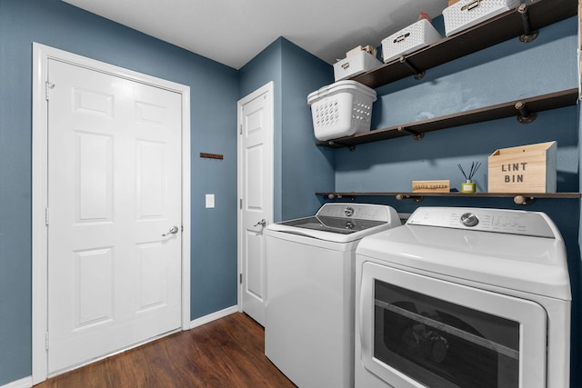 181 Rosewood Ln, Branson, MO 65616 - washroom with washing machine and dryer, dark wood-style floors, and baseboards